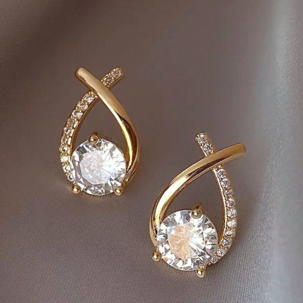 Yellow Gold Women's Crossed Labradorite & Rhinestone Decor Stud Earrings - Picture 3 of 4
